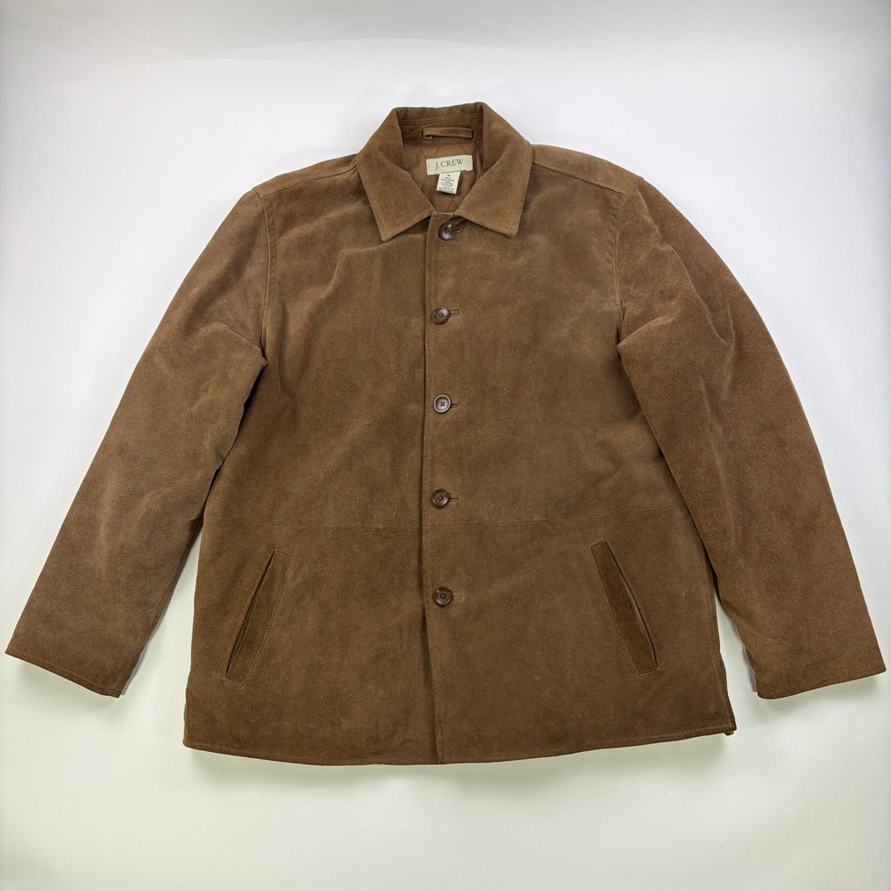 J.Crew Suede Leather Car Coat Mens Medium Brown Quilted Lined Button Jacket